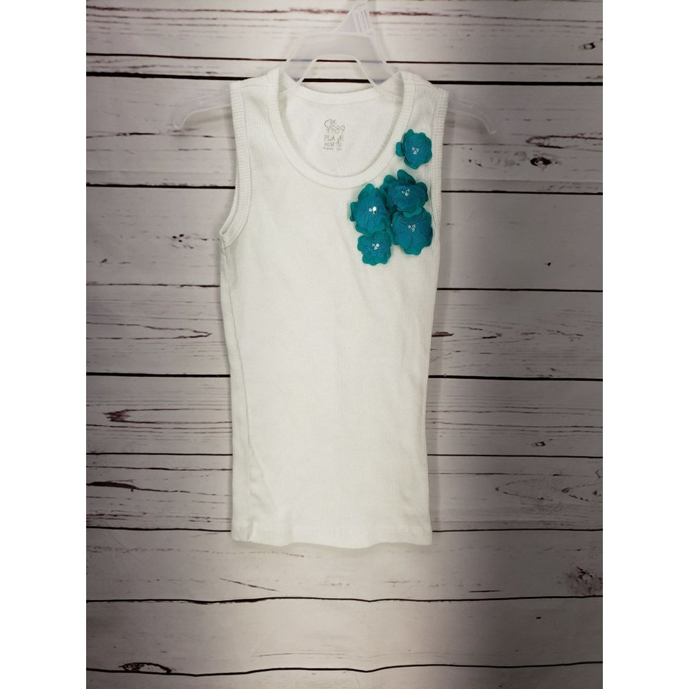 Children's Place White Ribbed Teal Floral Applique Medium Tank Top